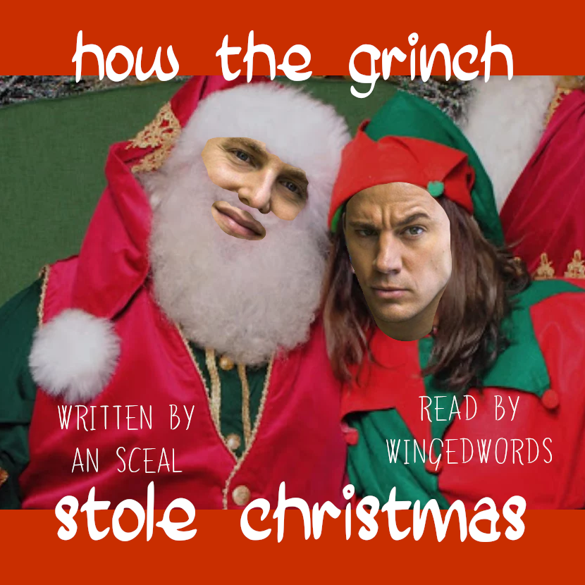 Cover Art for the podfic. Jenko and Schmidt's faces are edited onto Santa and an elf with the title and credit along the bottom and top.